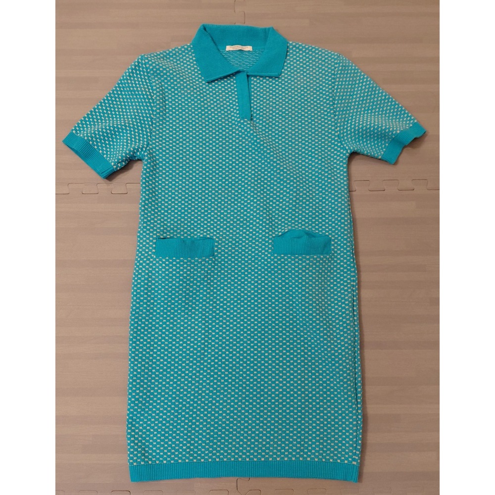 Underprotection Turquoise Knit Polo Mini Dress Short Sleeve Geometric Medium
